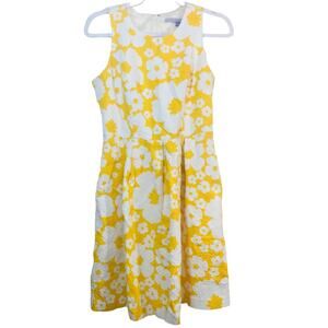 Luxe by Carmen Marc Valvo Yellow Floral Pleated Fit & Flare Dress Size 10
